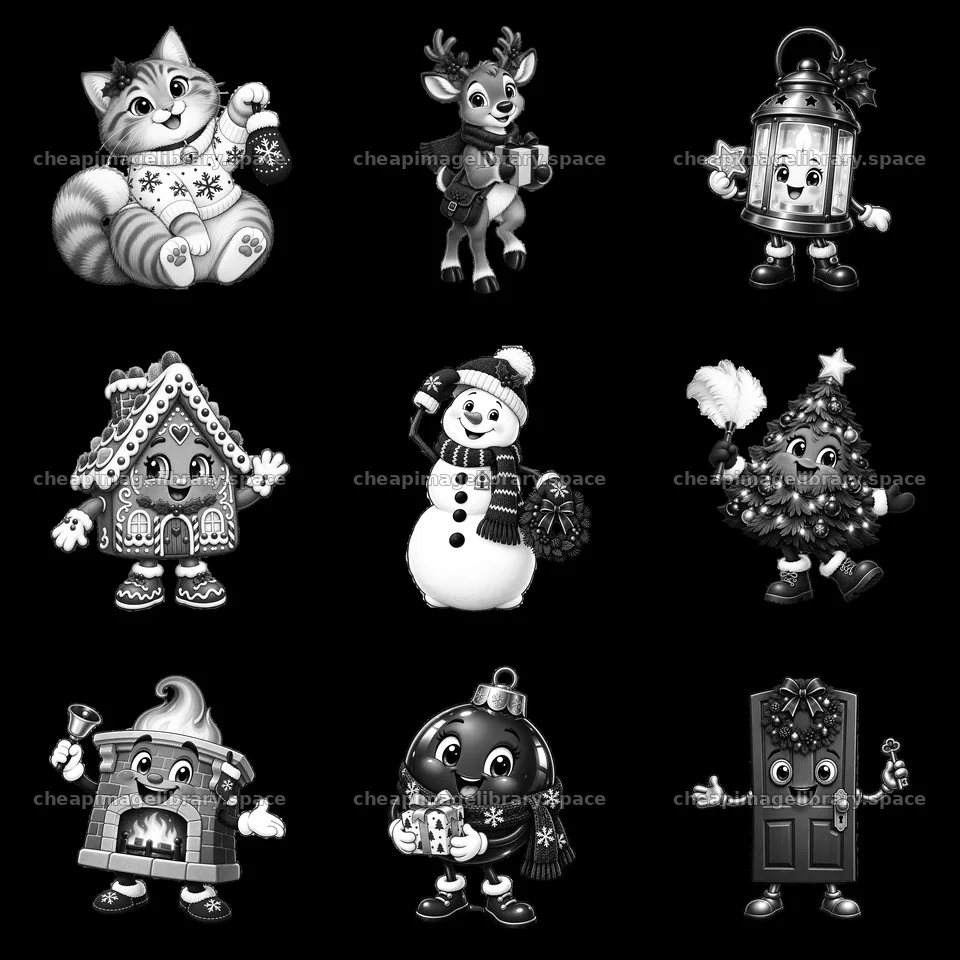 Christmas house cartoon characters in a 3x3 grid – image library 7746x7746