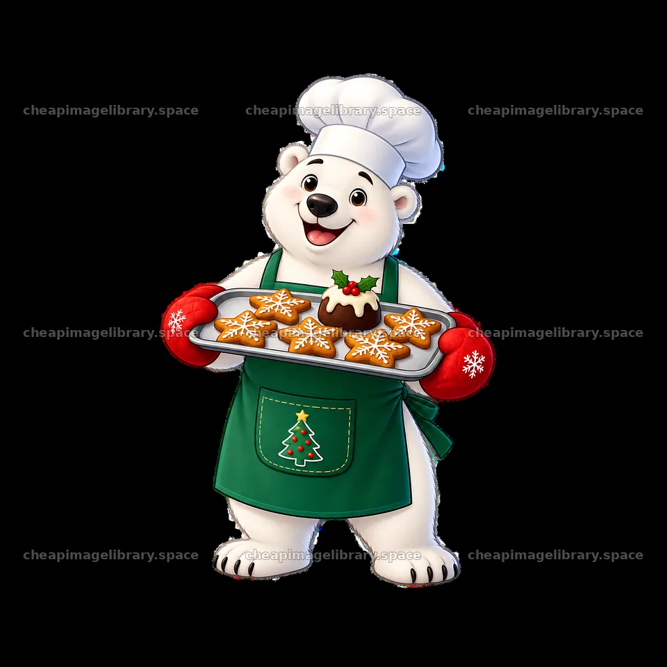 Cheerful polar bear baker holds tray of holiday cookies – image library 7746x7746